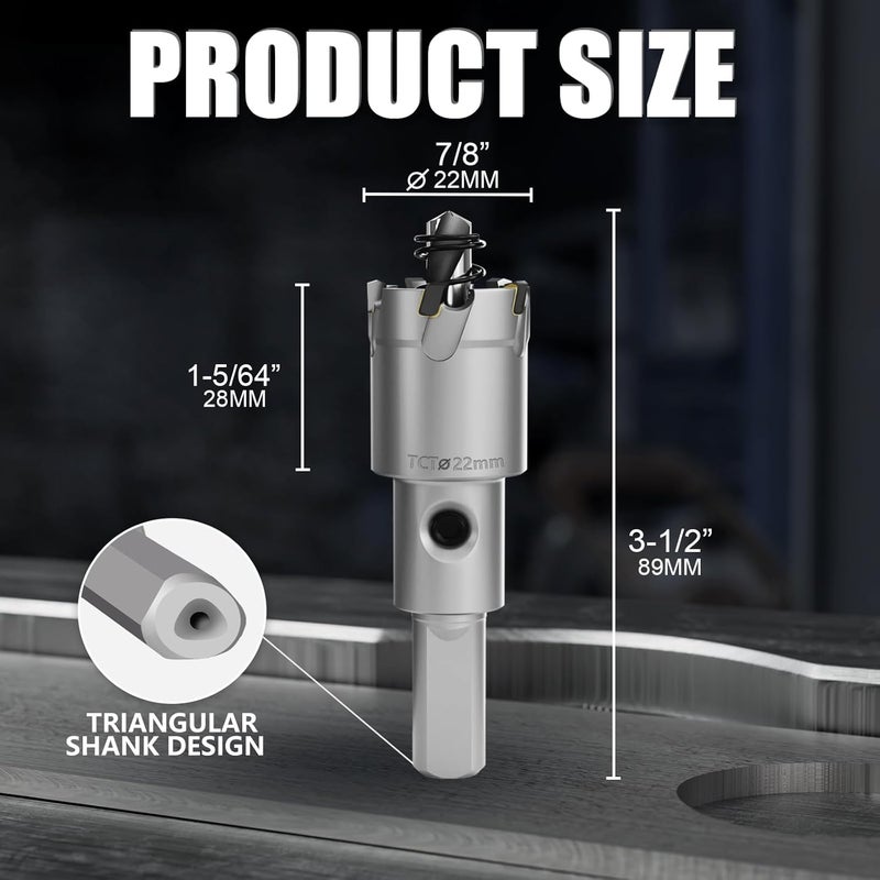 GSTK Heavy Duty Carbide Hole Saw Set, 7/8” (22mm), Extra Deep Cutting Depth of 1.1 Inches (28mm) - Ideal for Stainless Steel, Mild Steel, Iron, Copper, Brass, and Plastic - Image 2